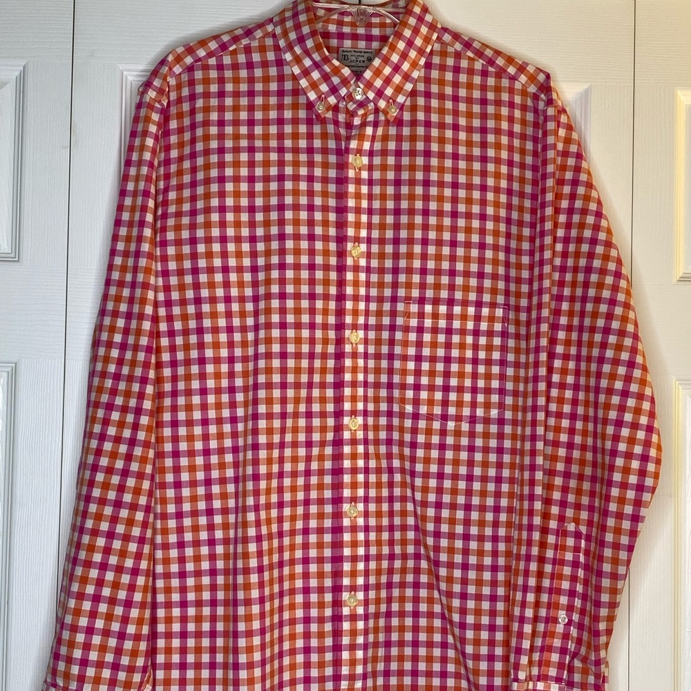 Men's J. Crew Button-up Shirt Pink Orange Checkered Long Sleeve 100% Cotton Sz M